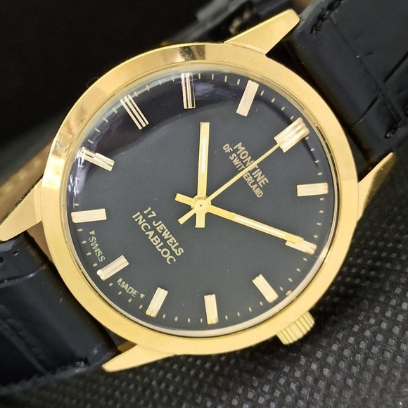 montine Other - Vintage Mechanical 1969 Montine Of Switzerland Men’s Gold Watch W/Leather Strap